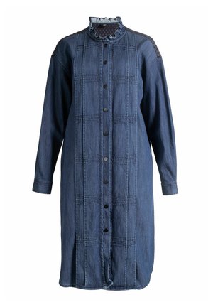 Denim dress featuring long sleeves, a ruffled neckline, button closures, and a textured pattern with vertical panels in dark blue.