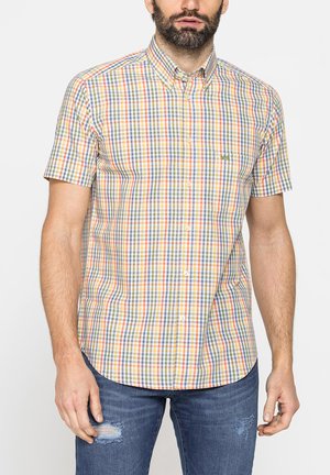 Uomo che indossa una camicia a maniche corte a quadri multicolore con bottoni e jeans blu consumati su uno sfondo chiaro semplice.