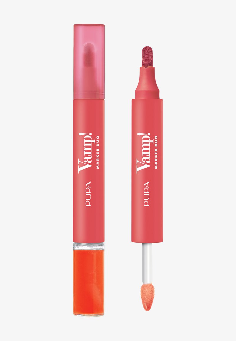 Duo für Lippenprodukte mit einem leuchtend pinken Gehäuse. Eine Seite zeigt ein glänzendes flüssiges Format mit Orangetönung, die andere ist ein Marker mit einer pinken Spitze.