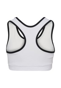 Vit sport-bh med en texturerad tyg, med svart kant och bred racerback-design för ökad komfort och stöd.