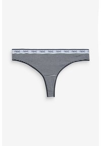 Un string rayé en beige et blanc avec un motif à rayures horizontales, orné d'une ceinture avec le logo "next" au niveau de la taille.