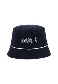 Navyblauwe bucket hat van katoen met een witte accentband. Aan de voorkant staat het 'BOSS' logo in vetgedrukte witte letters.