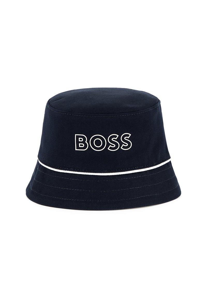 Navyblauwe bucket hat van katoen met een witte accentband. Aan de voorkant staat het 'BOSS' logo in vetgedrukte witte letters.