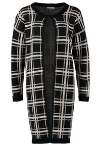 Cardigan à carreaux noir et beige à ouverture avant, manches longues avec poignets côtelés, longueur genou.
