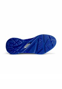 Suola di scarpa in gomma blu con motivi di grip testurizzati, design curvo e un accento in metallo argentato con dettagli del marchio.