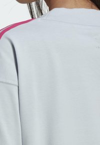 Lichtgrijze sweatshirt met roze strepen op de schouders, geribbelde kraag en subtiele branding op de achterkant. Zachte katoenen stofstructuur.