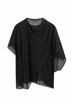 Schwarze asymmetrische Bluse mit kurzen Ärmeln aus leichtem, halbtransparentem Stoff und einem drapierten, überlappenden Vorderteil.