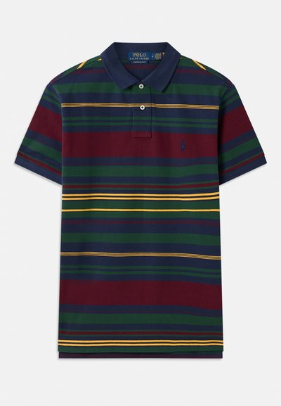 Polo cu dungi în nuanțe de burgund, bleu marin, verde și galben. Are un guler clasic, placket cu nasturi și un logo brodat pe piept.