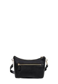Borsa a mano in pelle nera con finitura testurizzata, apertura con zip e tasca frontale. Presenta una tracolla removibile e dettagli in oro.