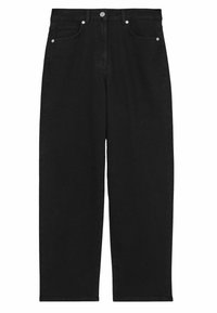 Pantalones de mezclilla negros con una cintura alta, diseño de pierna recta, estilo de cinco bolsillos y acentos de hardware plateado.