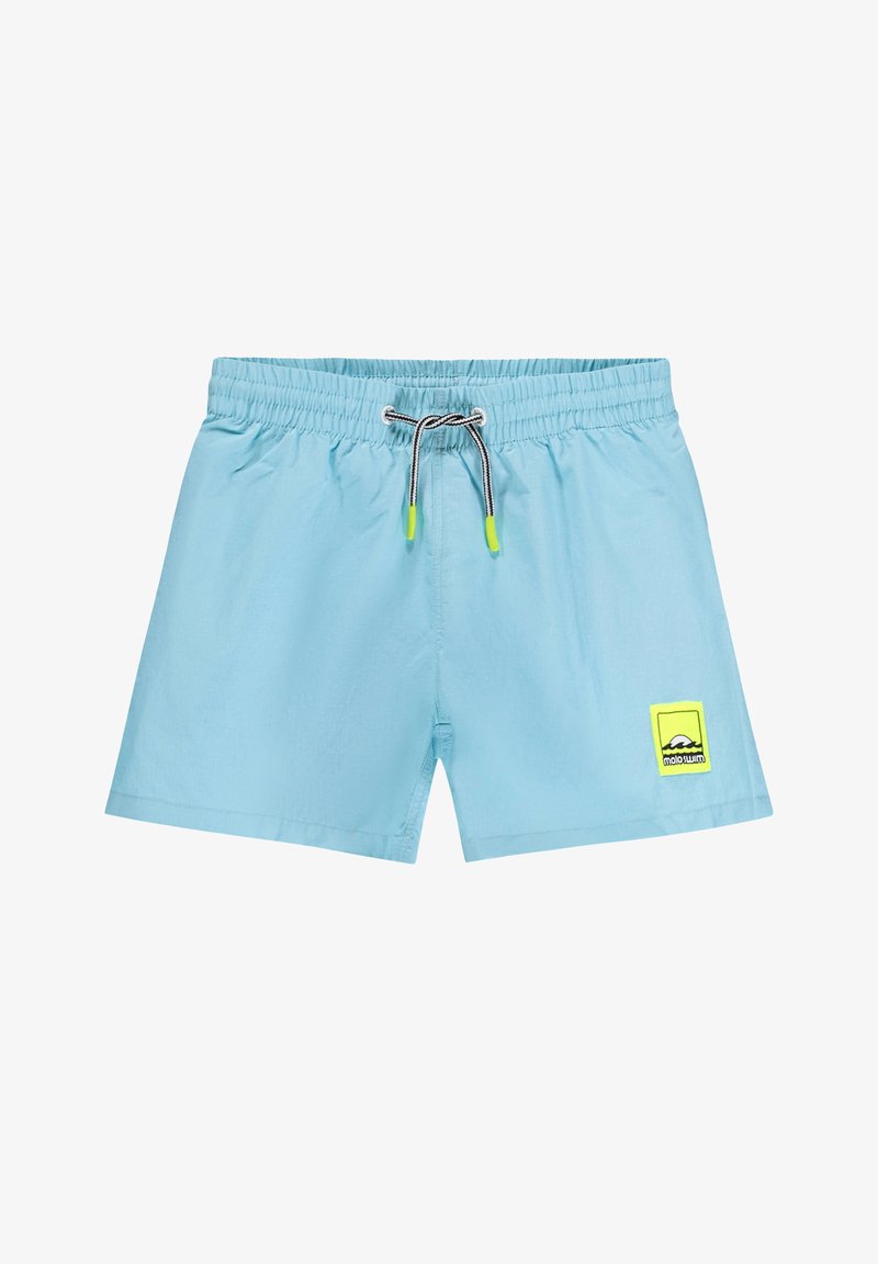 Shorts de bain bleu clair en tissu à séchage rapide, avec une taille élastique munie d'un cordon de serrage et une pièce en logo jaune à l'avant.
