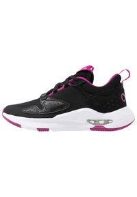Sneaker sportive nera con accenti rosa, suola bianca, parte superiore in rete e ammortizzazione ad aria visibile nella suola intermedia, vista laterale.