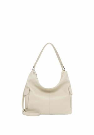 Cremfarbene Lederschultertasche mit einem einzelnen Riemen, Seitentaschen und einem abnehmbaren Umhängegurt, auf weißem Hintergrund dargestellt.