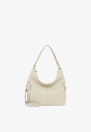 Cremfarbene Lederschultertasche mit einem einzelnen Riemen, Seitentaschen und einem abnehmbaren Umhängegurt, auf weißem Hintergrund dargestellt.