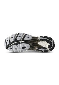 Running shoe sole featuring black and gray rubber, curved treads, and a textured finish. Includes a visible logo and cushioning elements.
