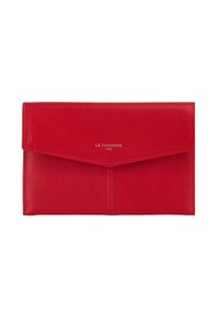 Portafoglio in pelle rossa con un design elegante e a soffietto. Presenta il nome del marchio "LE TANNEUR" in rilievo e in argento. Texture liscia con cuciture minime.