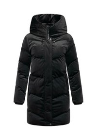 Zwarte gewatteerde winterjas met hoge kraag, voorrits, drukknoopsluiting en lange mouwen, ontworpen voor warmte en buitengebruik.