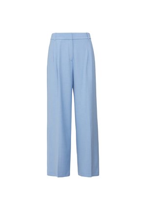 Helle blaue Hosen aus gewobenem Stoff mit hoher Taille, weitem Bein und vorderen Falten. Das Design ist maßgeschneidert mit einer glatten Textur.