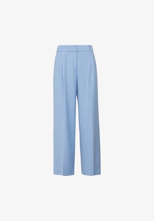 Lichtblauwe broek van geweven stof, met een hoge taille, wijde pijpen en voorplooien. Het ontwerp is strak gesneden met een gladde textuur.