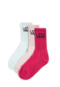 Sæt af tre par ribbede crew-sokker i lys blå, lyserød og stærk lyserød. Hver sok har Vans-logoet broderet i sort ved kanten.