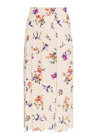Jupe maxi florale en crème, ornée de fleurs violettes, oranges et roses. Taille élastique ; tissu léger et fluide avec une texture douce.