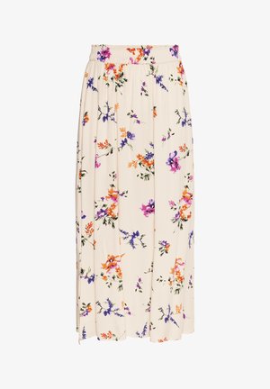 Fustă maxi florală în crem, cu flori violete, portocalii și roz. Talie elastică; țesătură ușoară, fluidă, cu textură moale.