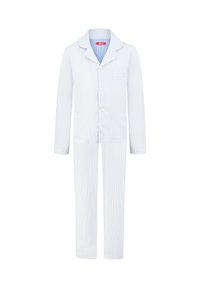 Light blue and white striped cotton pajama set featuring a button-up top with a pocket and matching straight-leg pants.