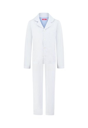 Light blue and white striped cotton pajama set featuring a button-up top with a pocket and matching straight-leg pants.