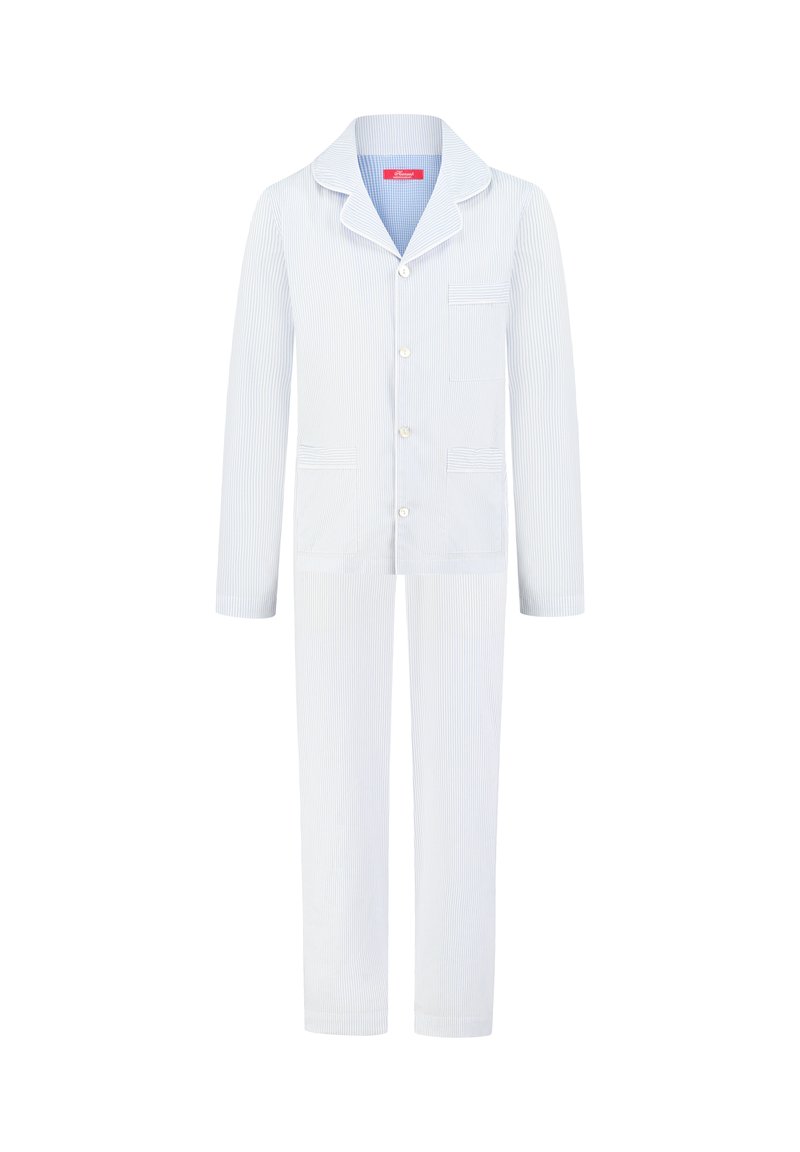 Light blue and white striped cotton pajama set featuring a button-up top with a pocket and matching straight-leg pants.