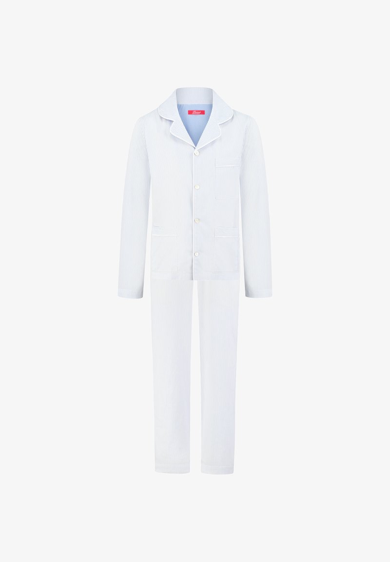 Light blue and white striped cotton pajama set featuring a button-up top with a pocket and matching straight-leg pants.