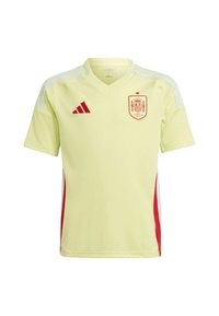 Yellow sports jersey with red accents and Adidas logo, featuring v-neck design and emblematic Spain crest on chest. Three stripes on shoulders.