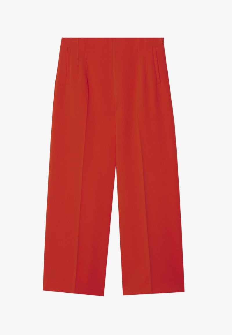 Red wide-leg trousers with a smooth texture, featuring side pockets and a tailored fit. Clean lines and no visible fastenings.