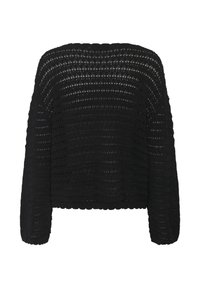 Maglione nero a maglia aperta con scollatura ampia, maniche lunghe e orlo corto, caratterizzato da una consistenza morbida e leggera.