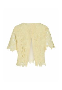 Haut court en dentelle florale jaune avec manches courtes et dos ouvert.