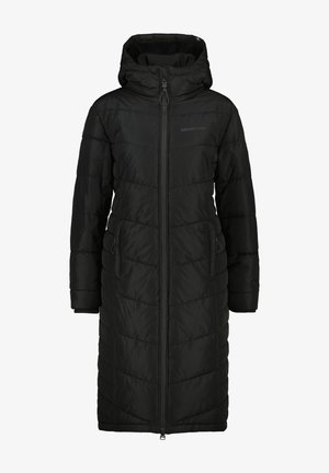 Cappotto lungo nero imbottito con cappuccio, caratterizzato da un motivo trapuntato, chiusura con zip e tasche laterali. Realizzato in materiale isolante e resistente all'acqua.