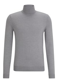 Grauer Rollkragenpullover aus einem weichen Strickstoff. Verfügt über lange Ärmel, gerippte Kragen und Bündchen sowie eine durchgehend glatte Textur.