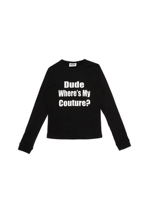 T-shirt a maniche lunghe nera in cotone, con una scritta bianca audace: "Dude Where's My Couture?" sul davanti. Scollo rotondo semplice.
