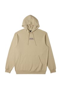 Sudadera con capucha beige de material suave, con un bolsillo canguro en la parte frontal, capucha ajustable con cordón y un parche con el logo en el pecho.