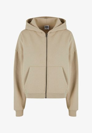 Beige zip-up hoodie met een trekkoord capuchon, voorzakken, geribde manchetten en een zachte textuur, gemaakt van comfortabele katoen.
