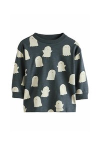 Dark gray long-sleeve kids’ shirt with all-over white smiling ghost patterns on front, back, and sleeves.