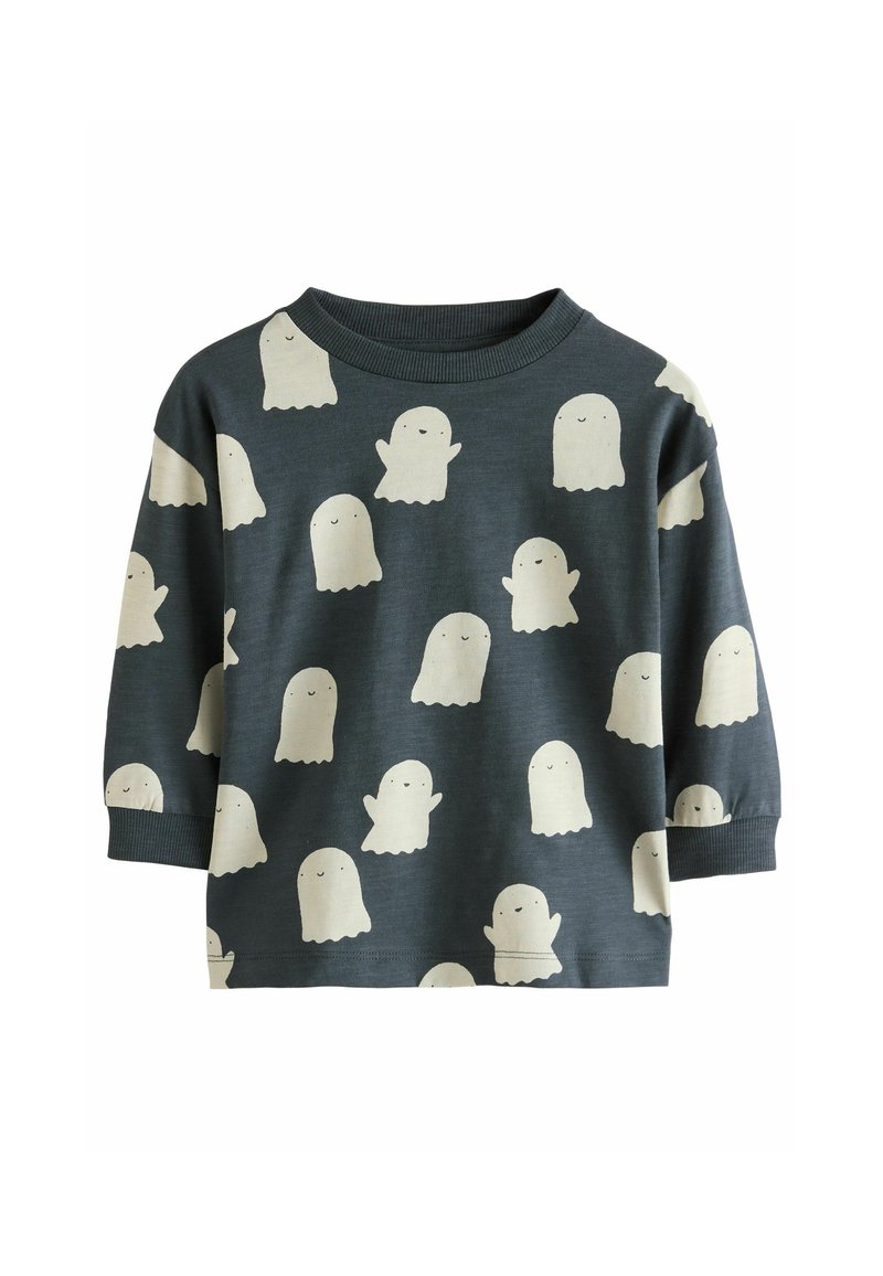 Dark gray long-sleeve kids’ shirt with all-over white smiling ghost patterns on front, back, and sleeves.