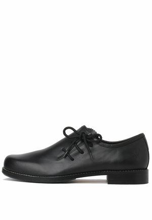 Chaussures en cuir noir à lacets avec un bout arrondi, une texture lisse, des détails cousus et un talon bas. Présente une fermeture à lacets noire.