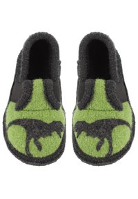 Wollen pantoffels met een zwarte dinosaurussilhouet op een felgroene voorkant. Het ontwerp heeft een grijze vilten body en elastische zijkanten.