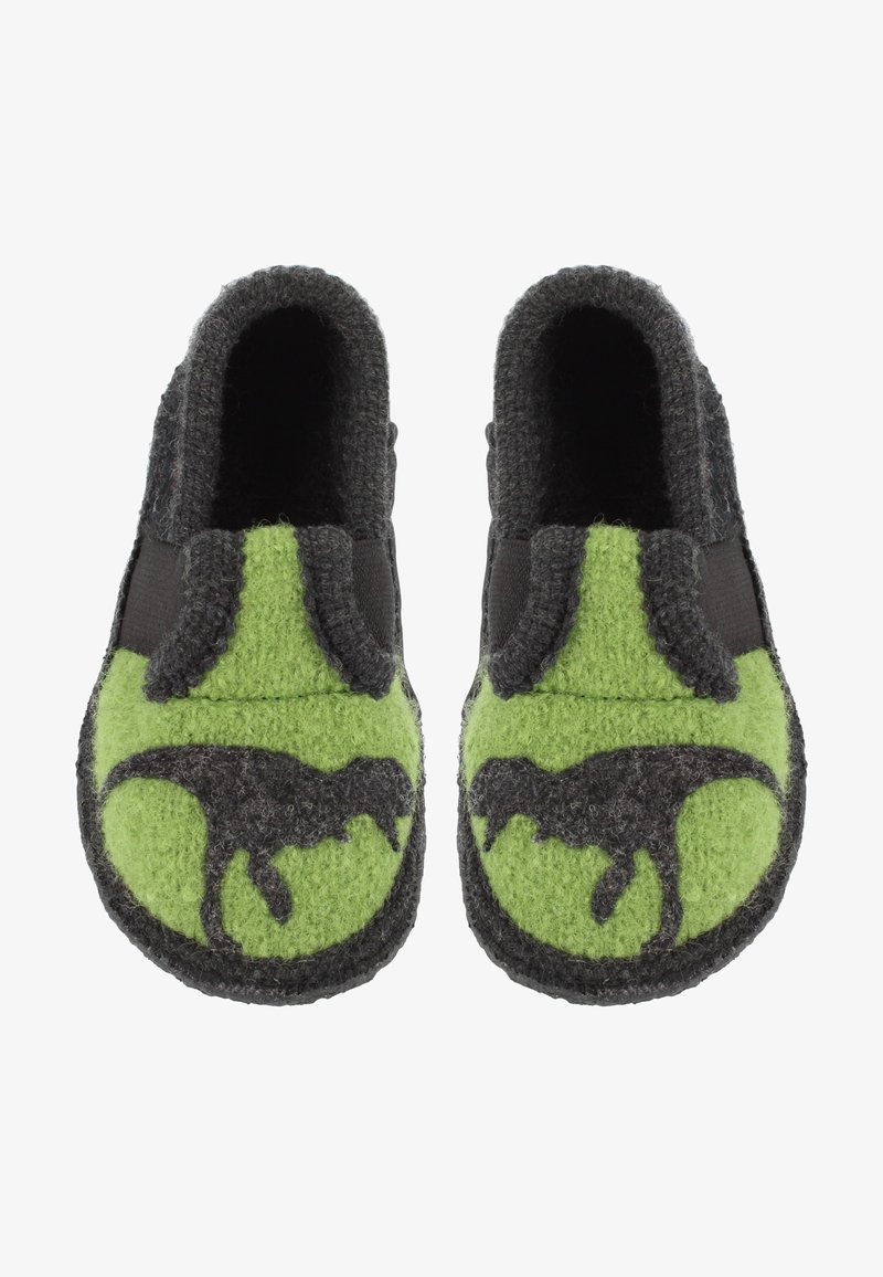 Wollen pantoffels met een zwarte dinosaurussilhouet op een felgroene voorkant. Het ontwerp heeft een grijze vilten body en elastische zijkanten.