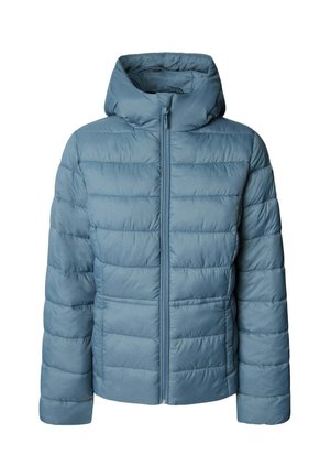 Blauwe gewatteerde pufferjack met volledige rits aan de voorkant en een vaste capuchon, ontworpen voor koud weer.