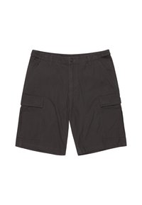 Pantalones cortos cargo de color gris oscuro, fabricados en algodón, con bolsillos laterales, cierre de botón y detalles de costura, con un ajuste relajado y holgado.