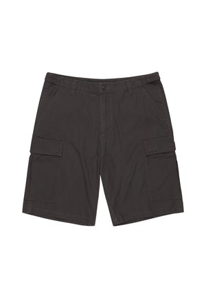 Dark gray cargo shorts made of cotton, featuring side pockets, button closure, and stitch detailing, with a relaxed, loose fit.
