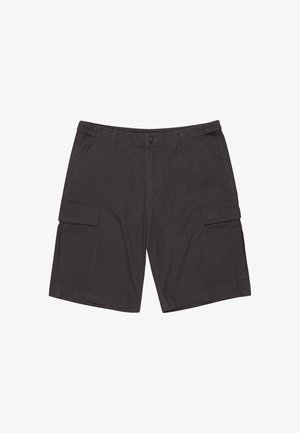 Dunkelgraue Cargo-Shorts aus Baumwolle, mit Seitenentaschen, Knopfverschluss und Nähdetails, im entspannten, lockeren Schnitt.