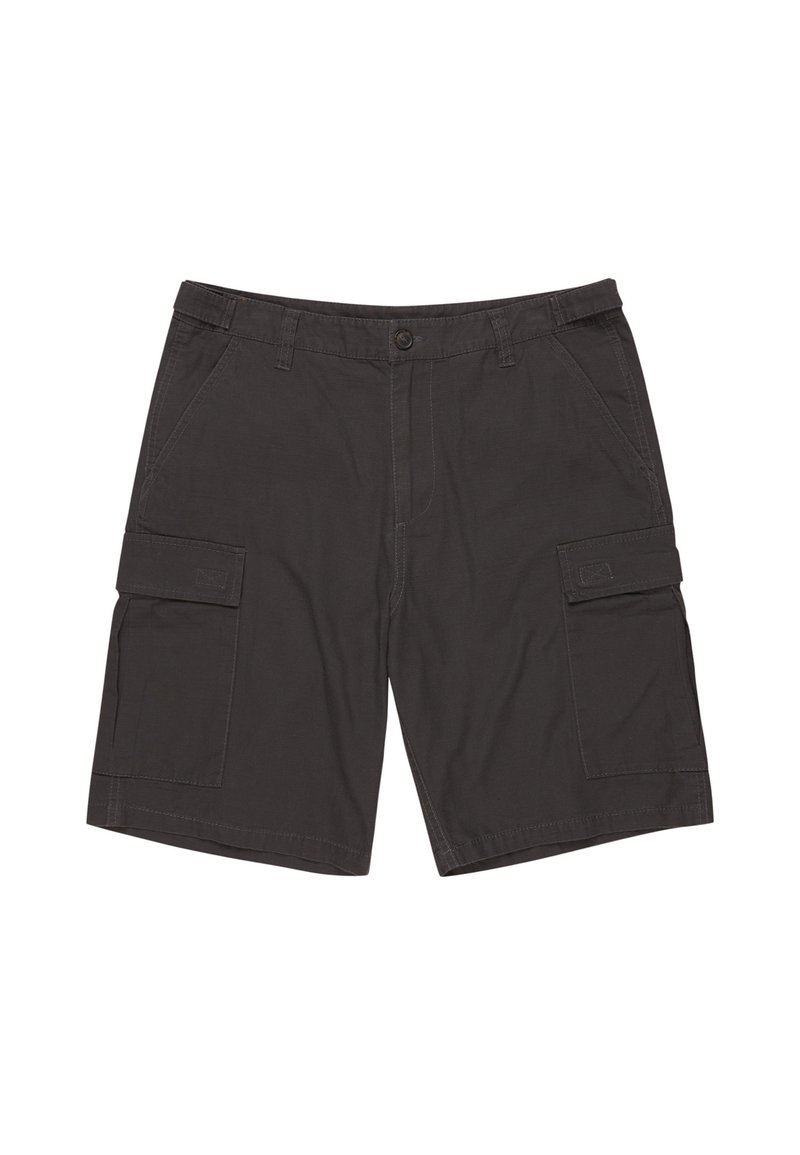 Pantalones cortos cargo de color gris oscuro, fabricados en algodón, con bolsillos laterales, cierre de botón y detalles de costura, con un ajuste relajado y holgado.