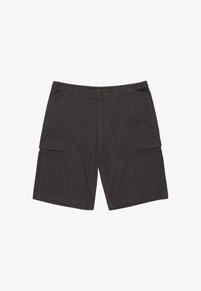 Shorts cargo gris foncé en coton, avec des poches latérales, une fermeture à bouton et des détails de couture, offrant une coupe décontractée et ample.